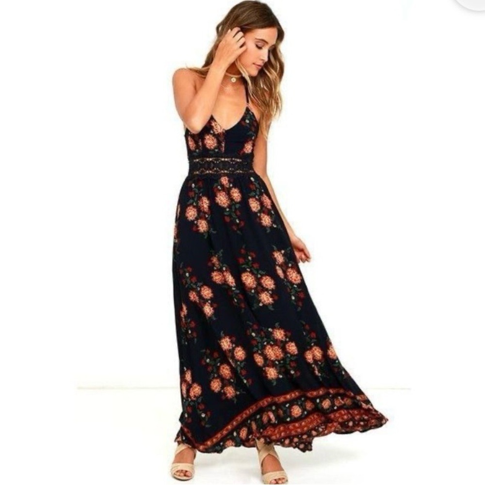 Lulus Garden District Navy Blue Floral Print Lace Maxi Boho Racerback Dress. S